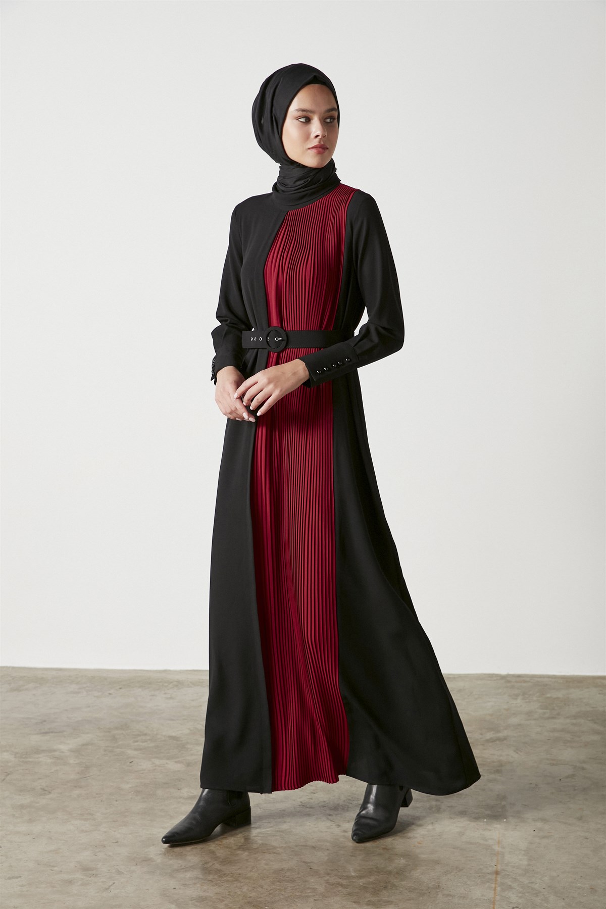 Tuğba Çift Renk Pileli Elbise - Siyah-Bordo