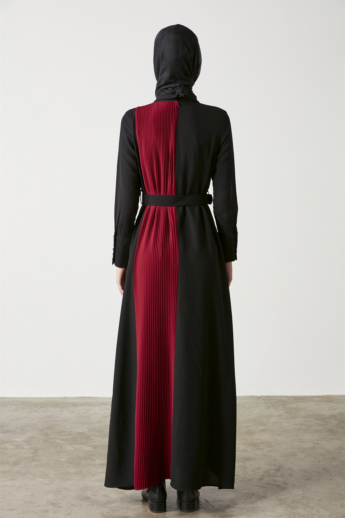 Tuğba Çift Renk Pileli Elbise - Siyah-Bordo