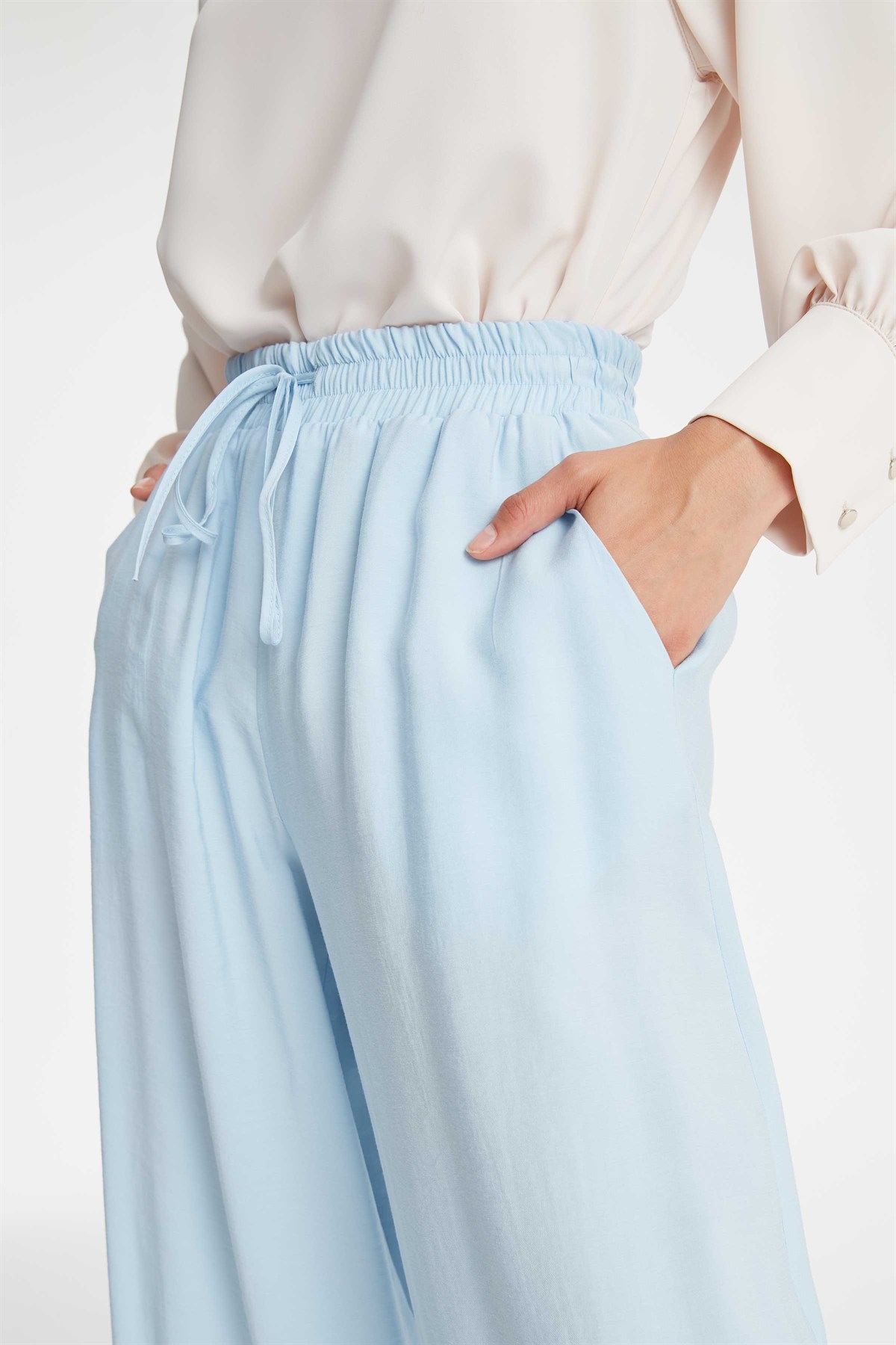 Yüksek Bel Lastikli Pantolon - Açık Mavi