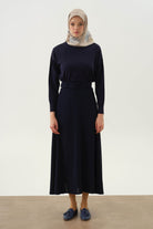 Yüksek Bel Kemerli Kloş Etek - Lacivert TUGBA