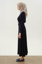 Yüksek Bel Kemerli Kloş Etek - Lacivert TUGBA