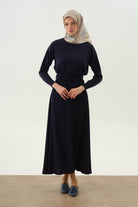 Yüksek Bel Kemerli Kloş Etek - Lacivert TUGBA