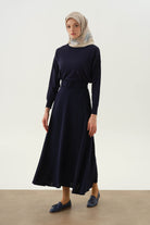 Yüksek Bel Kemerli Kloş Etek - Lacivert TUGBA