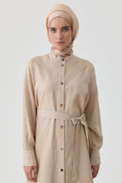 Nervür Detaylı Yırtmaçlı Tunik - Bej TUGBA