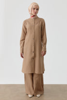 Nervür Detaylı Yırtmaçlı Tunik - Vizon TUGBA