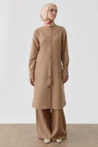 Nervür Detaylı Yırtmaçlı Tunik - Vizon TUGBA