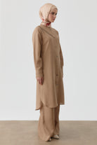 Nervür Detaylı Yırtmaçlı Tunik - Vizon TUGBA