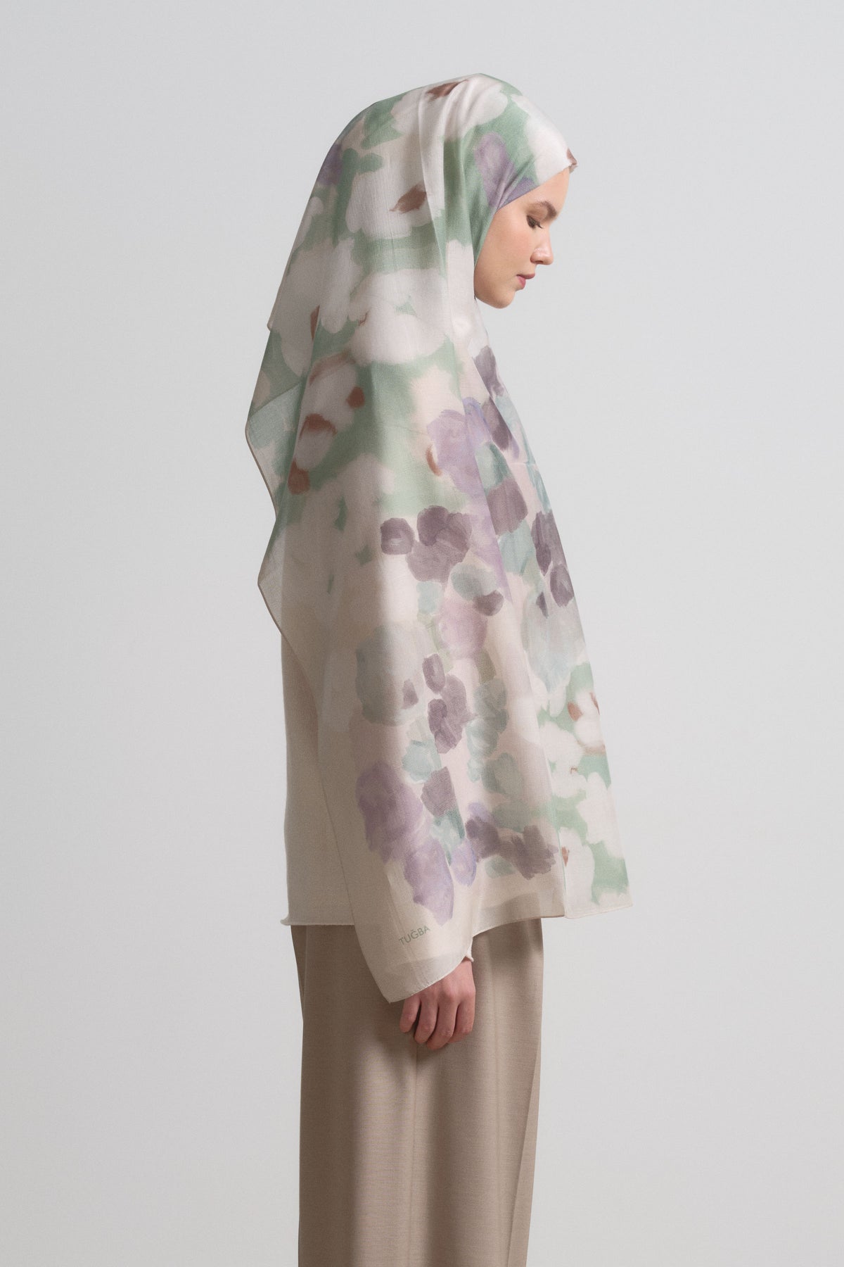 Mahperi Silk Blend Cotton Shawl - Ecru - Aqua Green