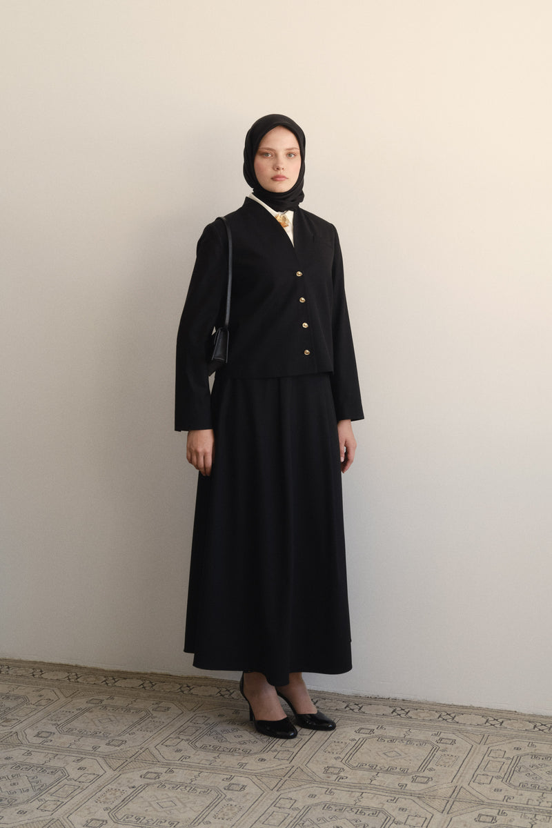 Yün Karışım Düğmeli Ceket - Siyah