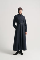 Belted Plaid Dress - Navy Blue