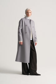 100% Wool Coat with Scarf Detail - Grey Blue