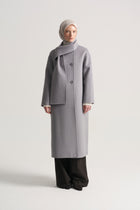 100% Wool Coat with Scarf Detail - Grey Blue