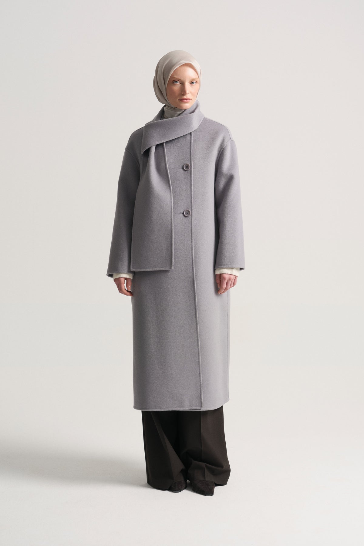 100% Wool Coat with Scarf Detail - Grey Blue