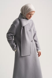 100% Wool Coat with Scarf Detail - Grey Blue