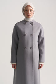 100% Wool Coat with Scarf Detail - Grey Blue