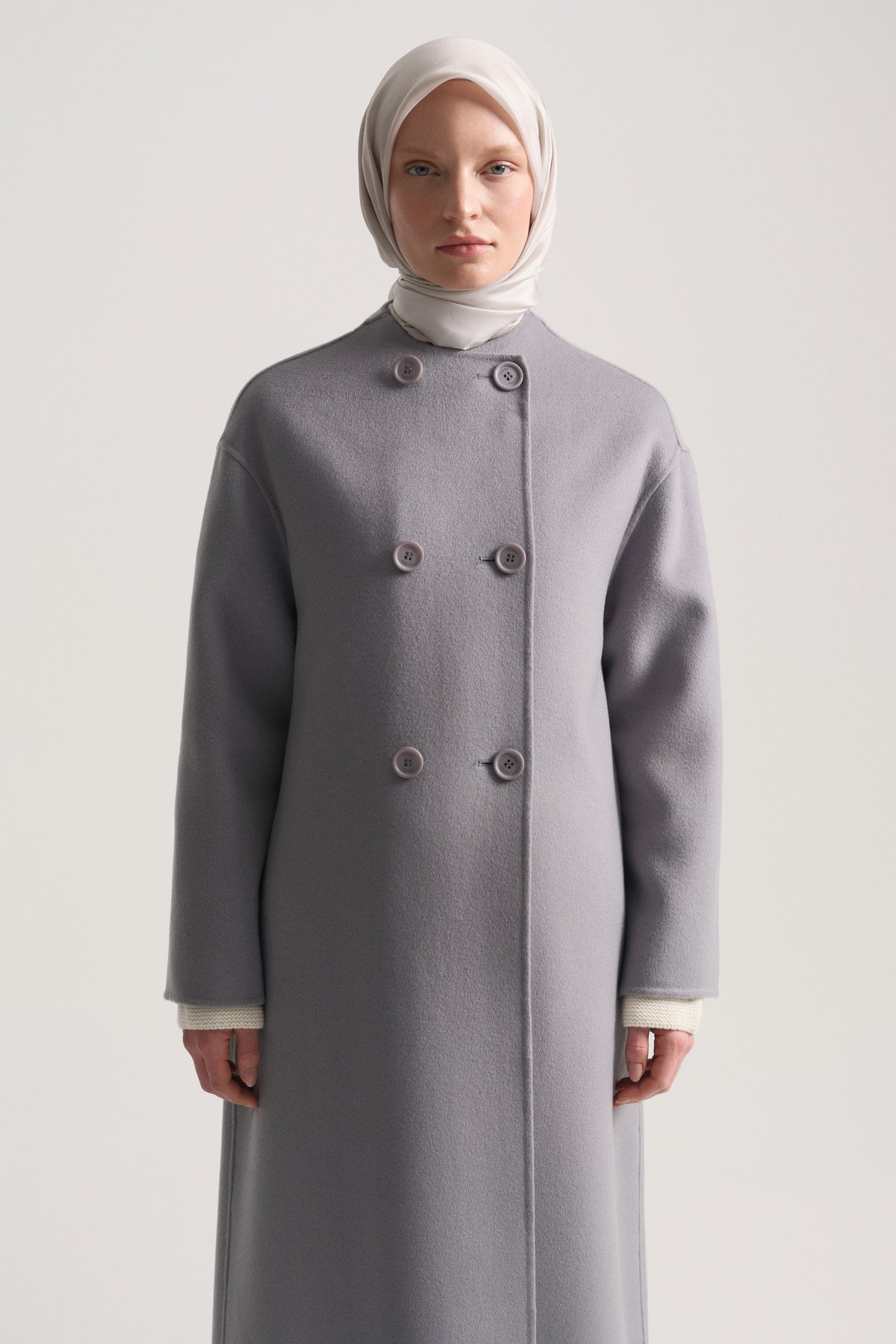 100% Wool Coat with Scarf Detail - Grey Blue