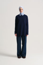 Wool Blend Crewneck Sweater - Navy Blue