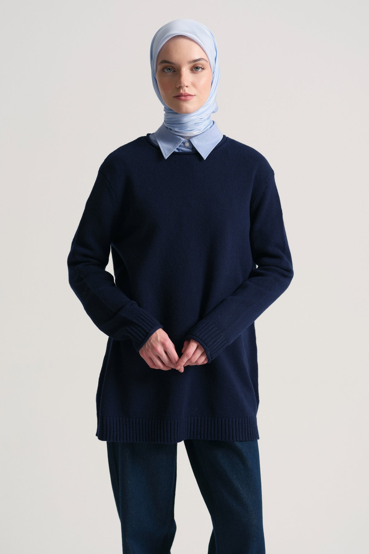Wool Blend Crewneck Sweater - Navy Blue