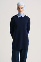 Wool Blend Crewneck Sweater - Navy Blue