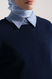 Wool Blend Crewneck Sweater - Navy Blue