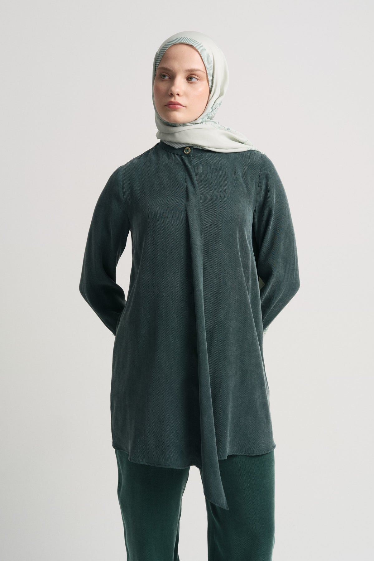 Lyocell Blend Mandarin Collar Tunic - Petroleum