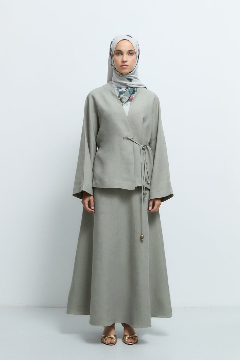 %100 Keten Yandan Bağlamalı Kimono  - Mint TUĞBA