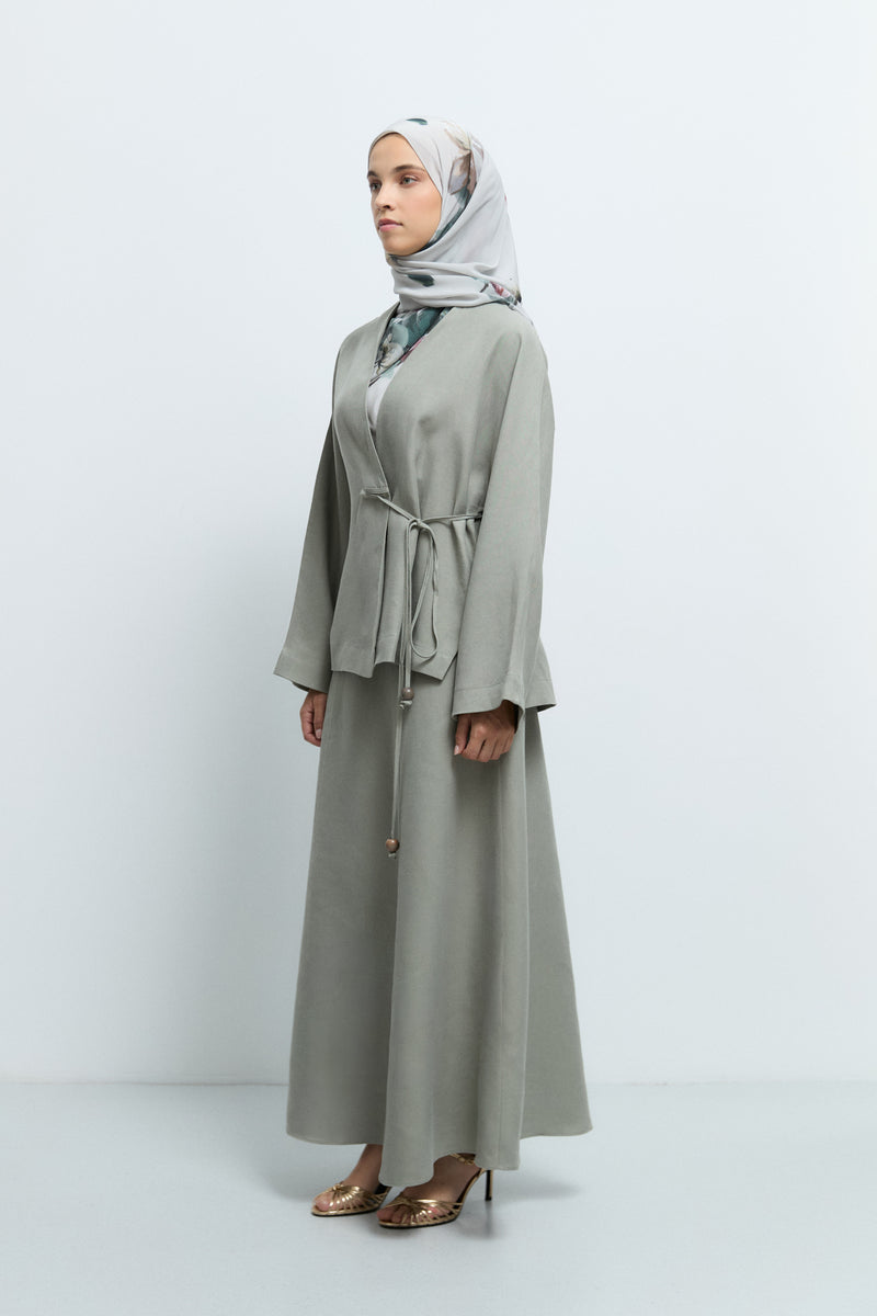 %100 Keten Yandan Bağlamalı Kimono  - Mint TUĞBA