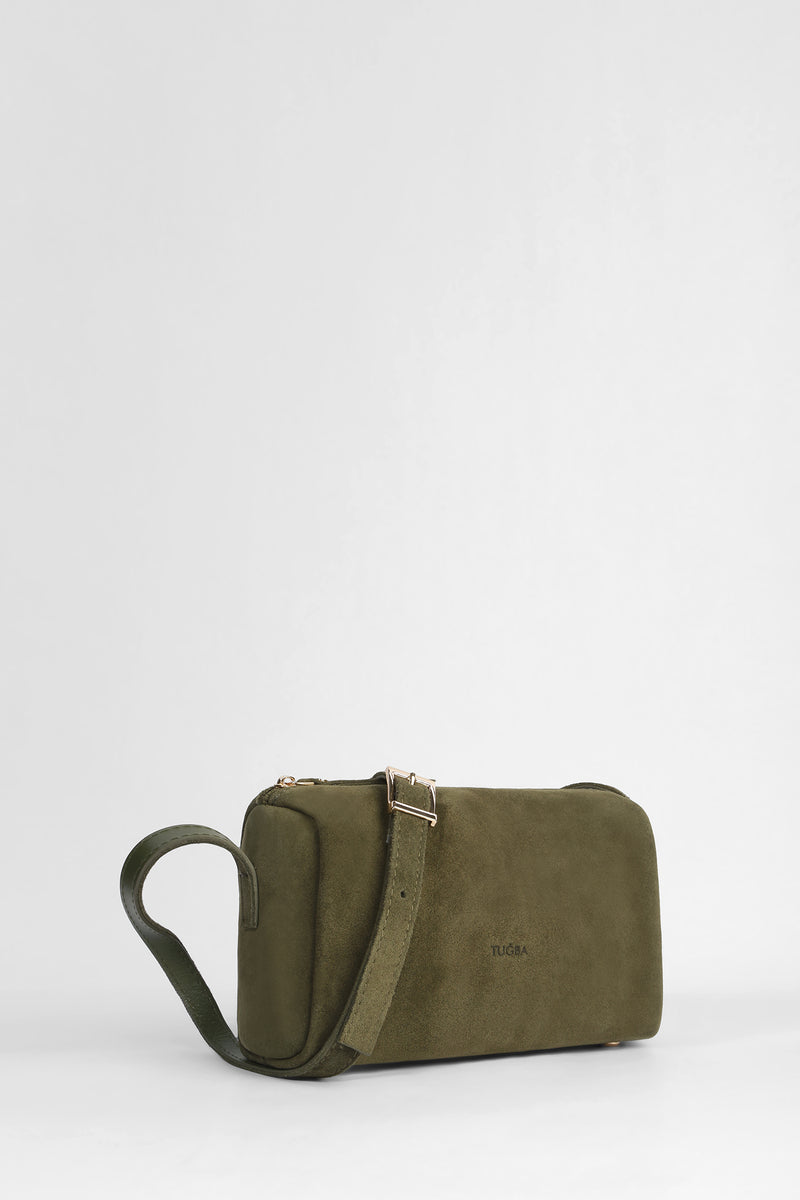 Genuine Suede Leather Shoulder Bag - Khaki