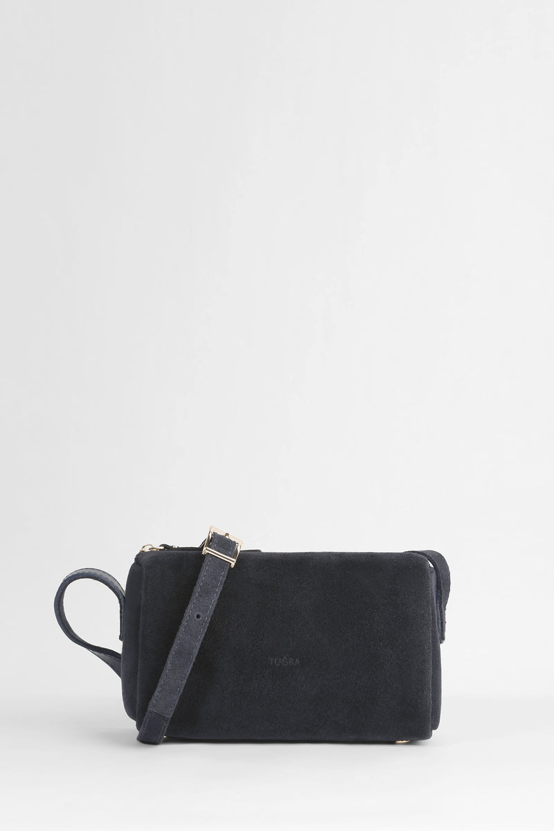 Genuine Suede Leather Shoulder Bag - Navy Blue