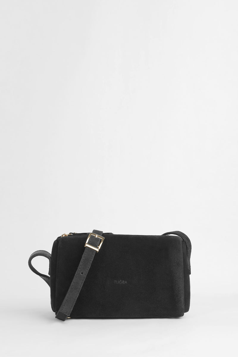 Genuine Suede Leather Shoulder Bag - Black