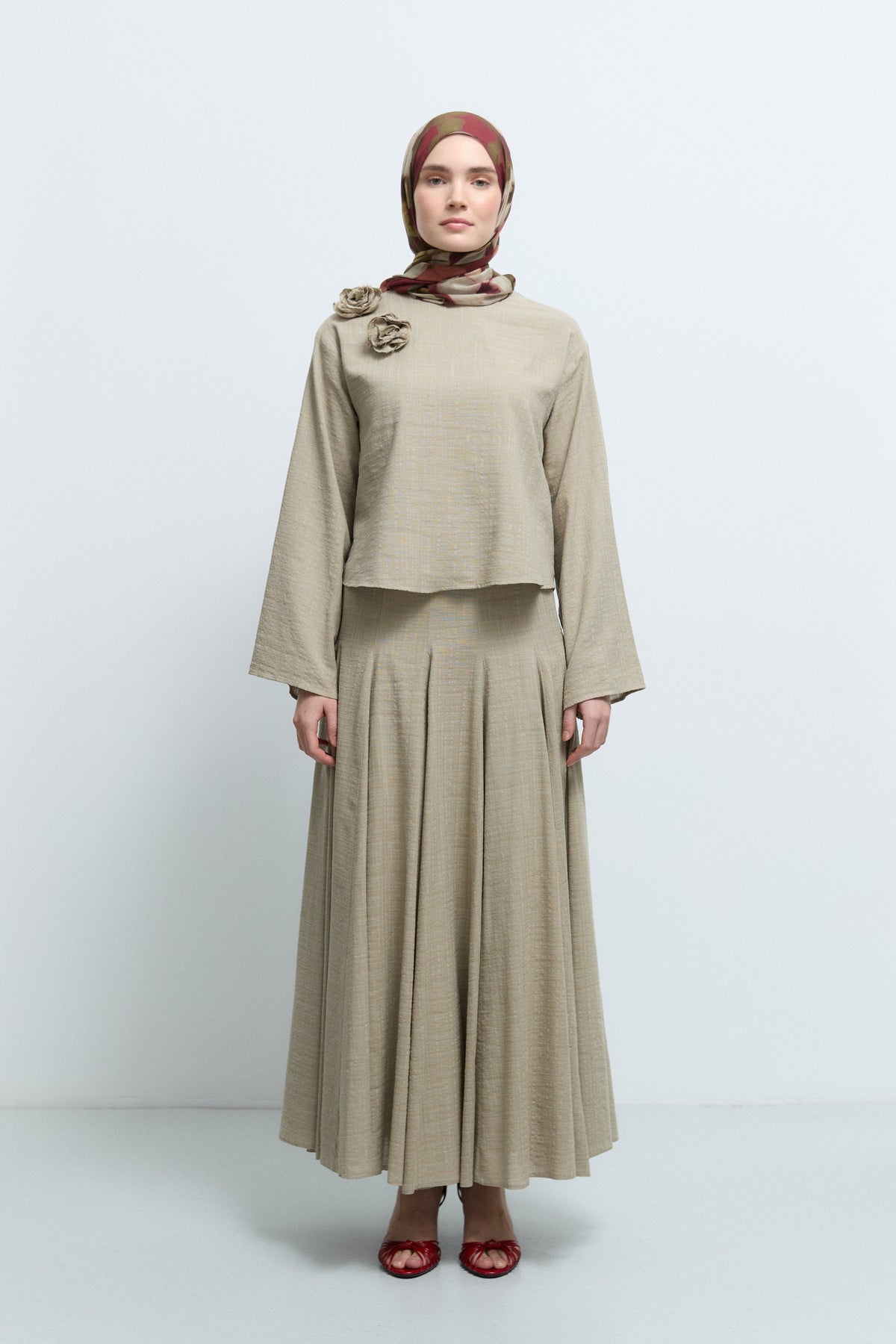 Cotton Blend Paneled Skirt Blouse Set - Thyme