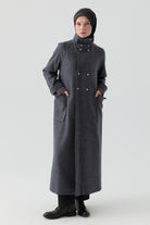 Ters Pat Kapamalı Keçe Manto - Füme TUGBA