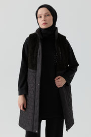 Peluş Garnili Kapitone Yelek - Siyah TUGBA