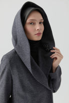 Kapüşonlu Broş Detaylı Keçe Kaban - Füme TUGBA