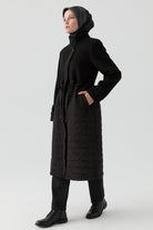 Bel Bağcıklı Kapitone Garnili Kaban - Siyah TUGBA