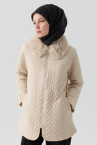 Peluş Garnili Kapitone Kaban - Bej TUGBA