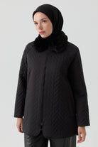 Peluş Garnili Kapitone Kaban - Siyah TUGBA