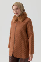 Peluş Garnili Kapitone Kaban - Taba TUGBA