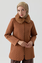 Peluş Garnili Kapitone Kaban - Taba TUGBA