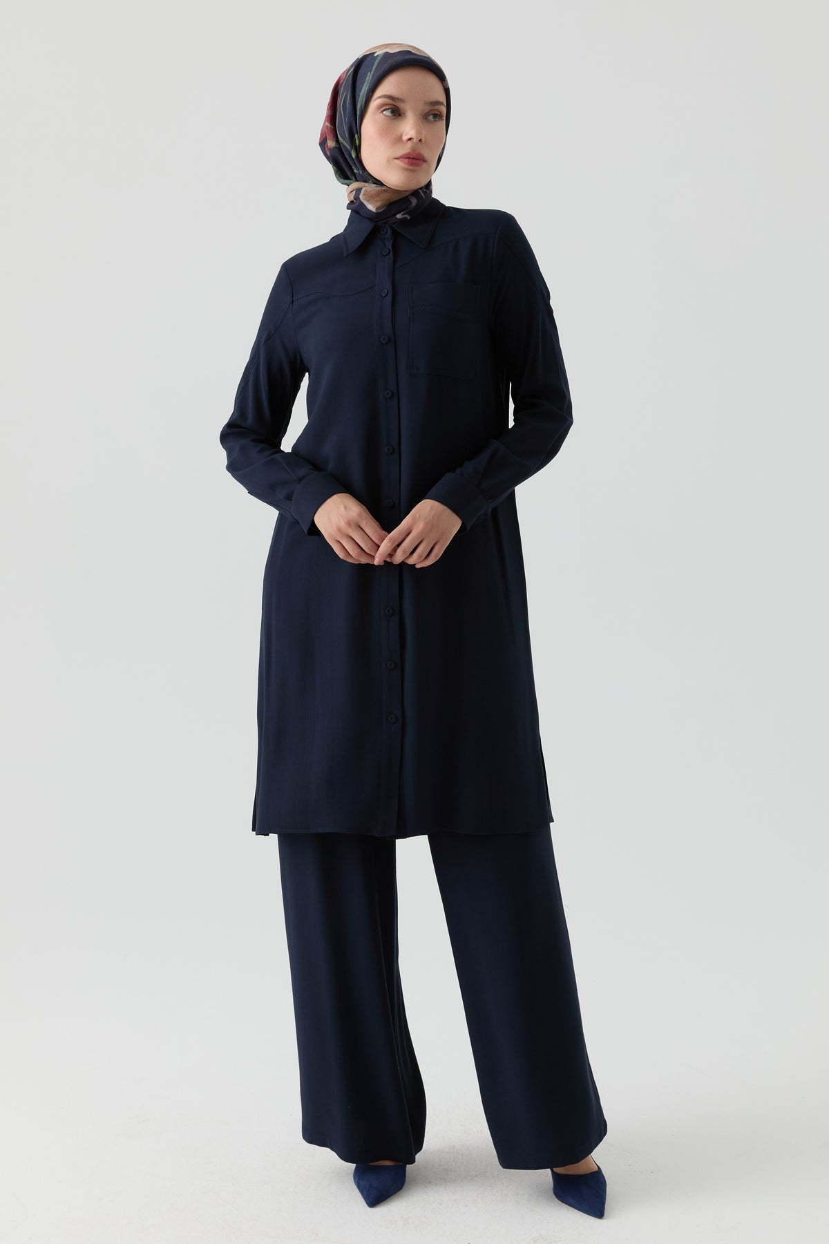 Tunic with Yoke and Cut-Out Sleeve Detail - Navy Blue