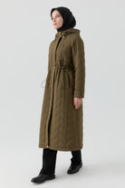 Lastik Detaylı Kapitone Kaban - Haki TUGBA