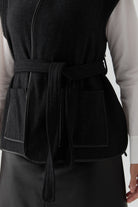 Deri Biye Detaylı Cepli Yelek - Siyah TUGBA