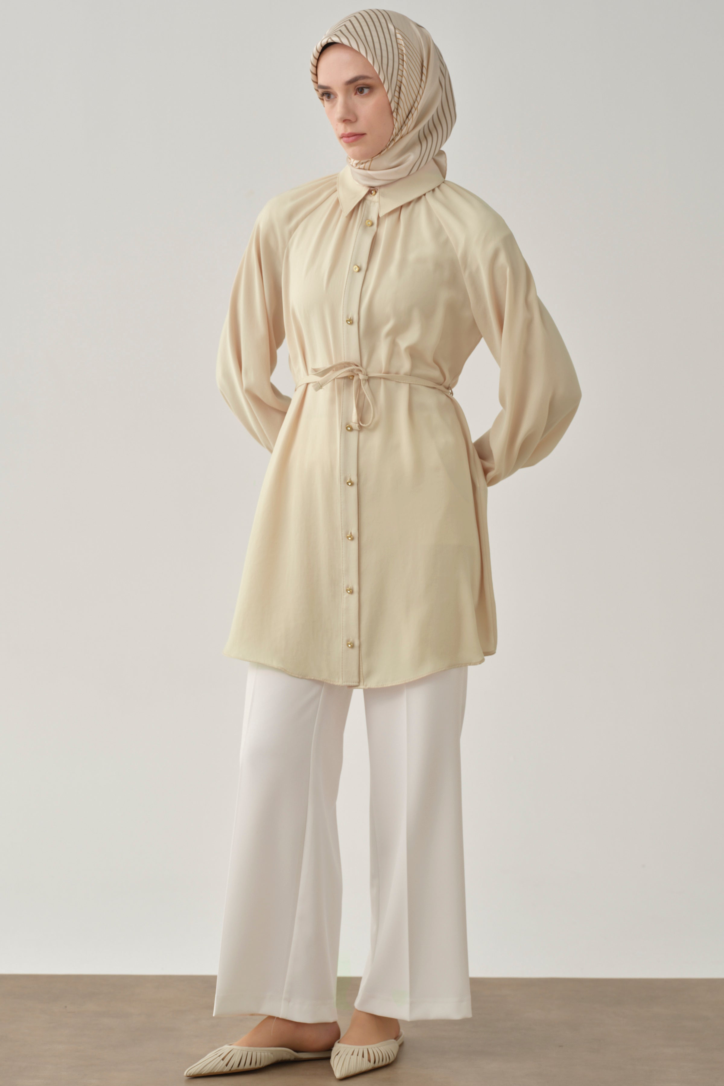 Beli Lastikli Culotte Pantolon - Ekru TUGBA