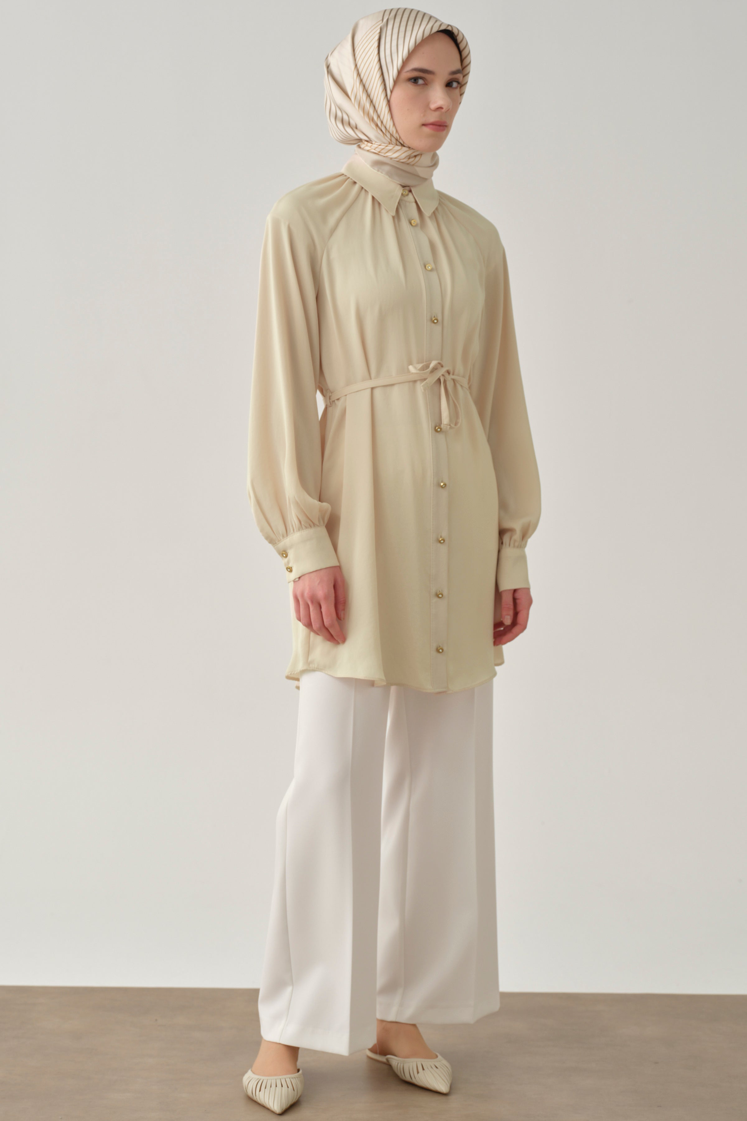 Beli Lastikli Culotte Pantolon - Ekru TUGBA