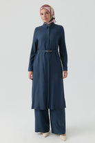 Yırtmaçlı Kemerli Uzun Tunik - İndigo TUGBA
