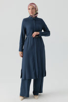 Yırtmaçlı Kemerli Uzun Tunik - İndigo TUGBA