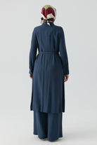 Yırtmaçlı Kemerli Uzun Tunik - İndigo TUGBA