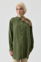 Nakışlı Düşük Kollu Gömlek - Haki TUGBA