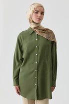 Nakışlı Düşük Kollu Gömlek - Haki TUGBA