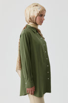 Nakışlı Düşük Kollu Gömlek - Haki TUGBA